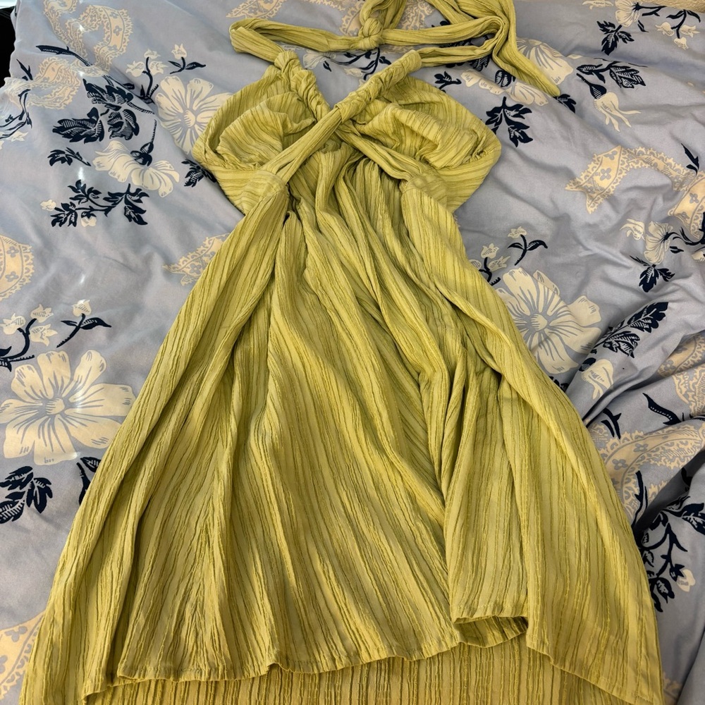 Light green overlapping ties halter mini dress with vertical striped texture